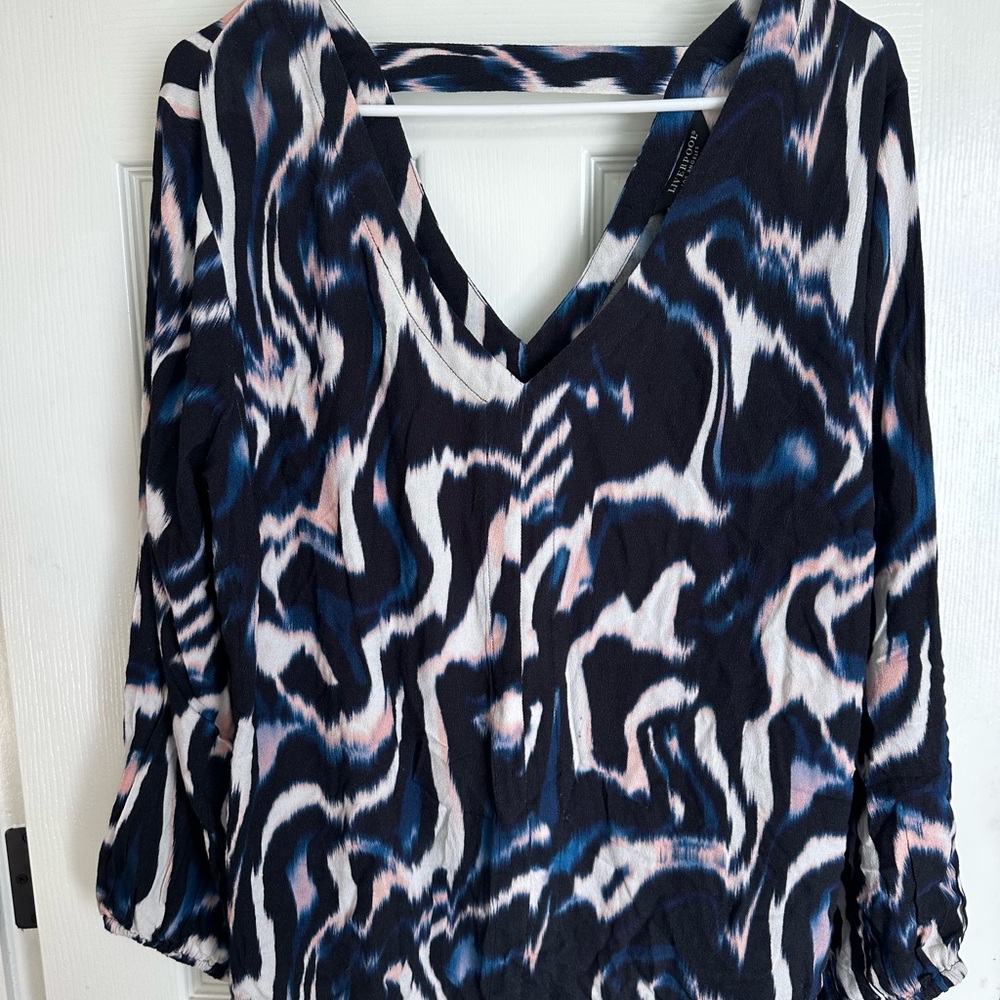 Liverpool Navy, White & Light Pink Abstract V-Neck Tunic